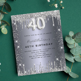 40. Geburtstag Silber Glitter Budget-Einladung Flyer