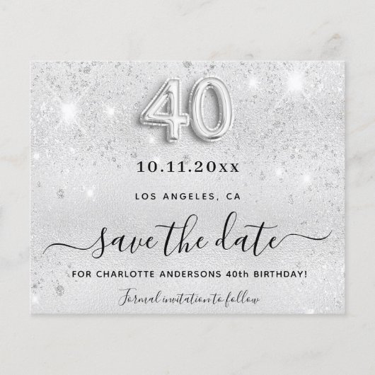 40. Geburtstag Silber Glitter Save-the-Date Flyer (Vorne)