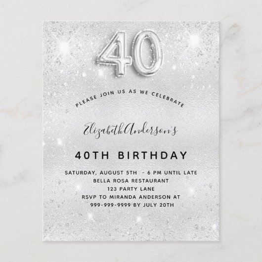 40. Geburtstag Silber Glitzer Einladung Flyer (Vorne)