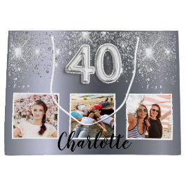 40. Geburtstag Silber Glitzer Foto Monogramm Große Geschenktüte