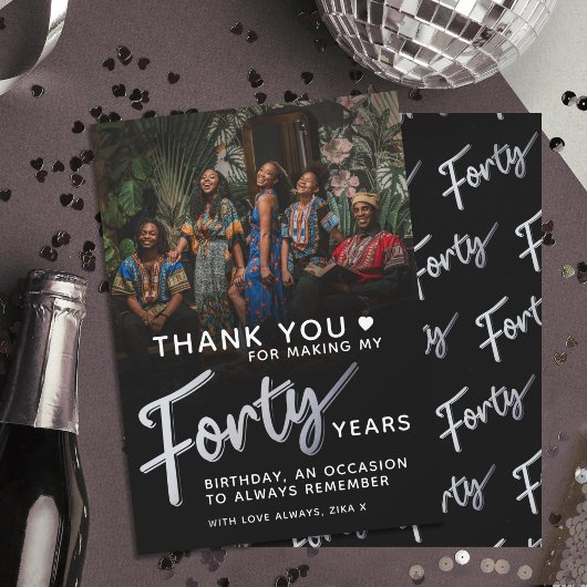 40. Geburtstag Silber Schwarz Vierzig Schrift Text Dankeskarte