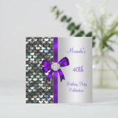 40. Geburtstag Silber Sequins Lila Diamond Bow Einladung (Stehend Vorderseite)