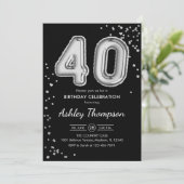 40. Geburtstag - Silberballons schwarz Einladung (Stehend Vorderseite)