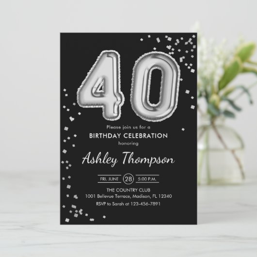 40. Geburtstag - Silberballons schwarz Einladung (Stehend Vorderseite)