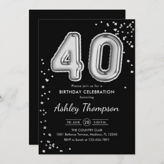 40. Geburtstag - Silberballons schwarz Einladung (Vorne/Hinten)