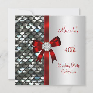 40. Geburtstag Silberne Pailletten Roter Diamant-B Einladung