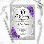 40. Geburtstag - Silberstreifen Lila Rose Einladung<br><div class="desc">40. Geburtstag Einladung. Elegantes Blumendesign in Silber und lila. Features Imitate Glitzer silberne Streifen,  lila Rose stilvolle Skript-Schriftart und Konfetti. Ideal für eine gläserne Geburtstagsfeier.</div>