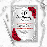 40. Geburtstag - Silberstreifen - Rote Rosen Einladung<br><div class="desc">40. Geburtstag Einladung. Elegantes Blumendesign in Silber und Rot. Enthält Imitate Glitzer silberne Streifen,  rote Rosen stilvolle Skript-Schriftart und Konfetti. Ideal für eine gläserne Geburtstagsfeier.</div>