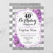 40. Geburtstag - Silberweiße Streifen Lila Rose Einladung (Vorne/Hinten)