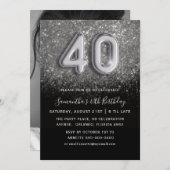 40. Geburtstag Silver & Black Glitzer Party Einladung (Vorne/Hinten)
