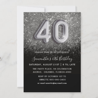 40. Geburtstag Silver & Black Glitzer Party Einladung