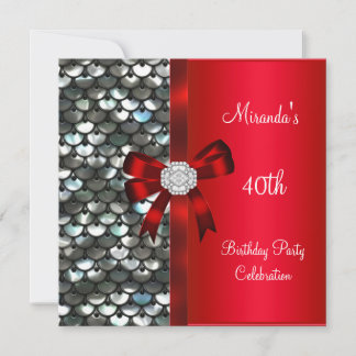 40. Geburtstag Silver Sequins Red Diamond Bow Einladung