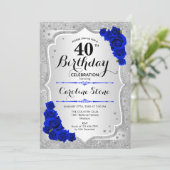 40. Geburtstag - Silver Stripes Royal Blue Rose Einladung (Stehend Vorderseite)