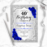 40. Geburtstag - Silver Stripes Royal Blue Rose Einladung<br><div class="desc">40. Geburtstag Einladung. Elegantes Blumendesign in Silber und Königblau. Enthält Imitate Glitzer silberne Streifen,  saphire Rose stilvolle Skript-Schriftart und Konfetti. Ideal für eine gläserne Geburtstagsfeier.</div>