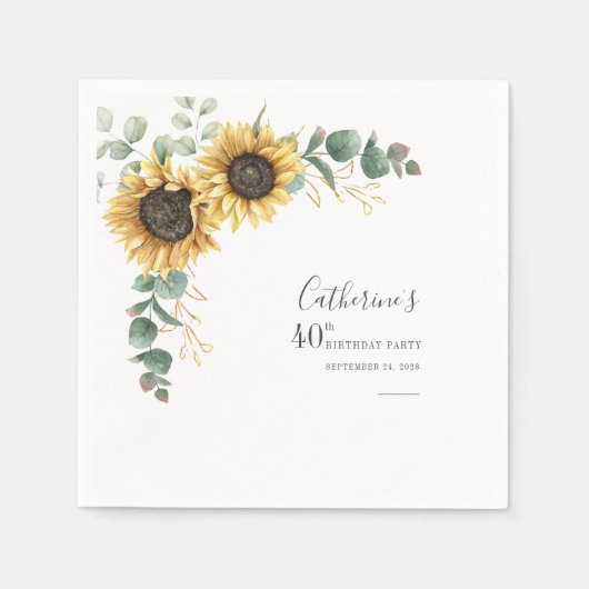 40. Geburtstag Sonnenblume Eukalyptus Blumenpapier Serviette (Vorderseite)
