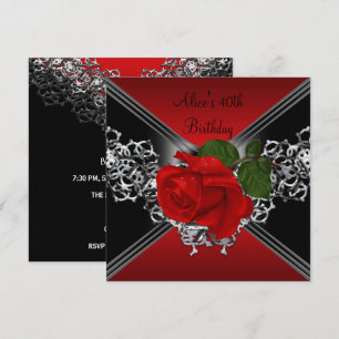 40. Geburtstag Spitze Schwarz Weiß Silber ROTE Ros Einladung