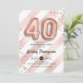 40. Geburtstag - Streifen Rose Goldballons Einladung (Stehend Vorderseite)