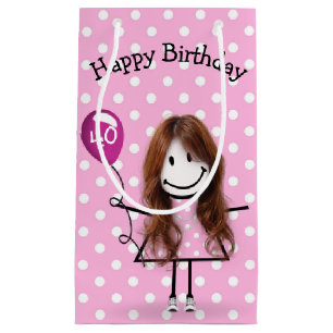 40. Geburtstag Strichfigur-Mädchen mit Pink Balloo Kleine Geschenktüte