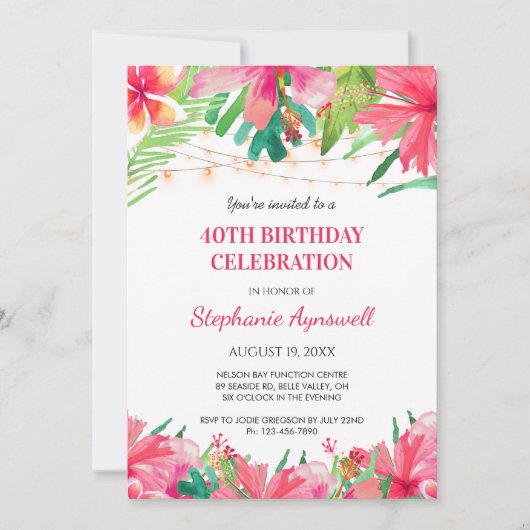 40. Geburtstag tropische Streichellichter Hawaiian Einladung (Vorderseite)