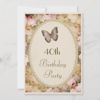 40. Geburtstag Vintage Rose Schmetterling, Musikno Einladung