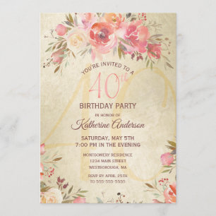 40. Geburtstag Vintages Blumenrosa Rosen Gold Part Einladung