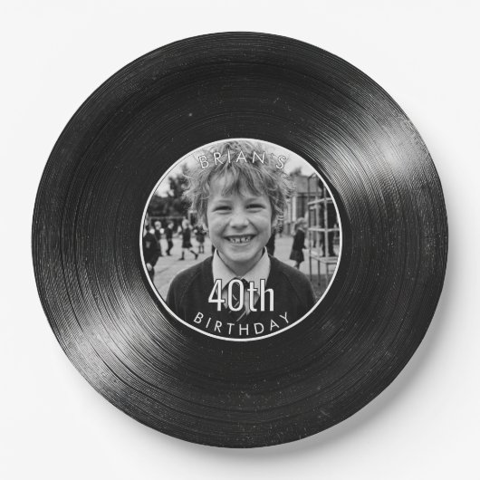 40. Geburtstag Vinyl-Look Schwarzes Papier Pappteller (Vorderseite)