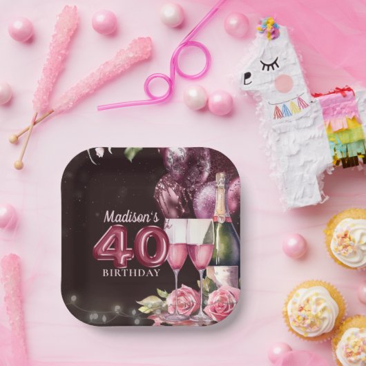 40. Geburtstag Wein & Balloons Personalisiert Pappteller (Party)