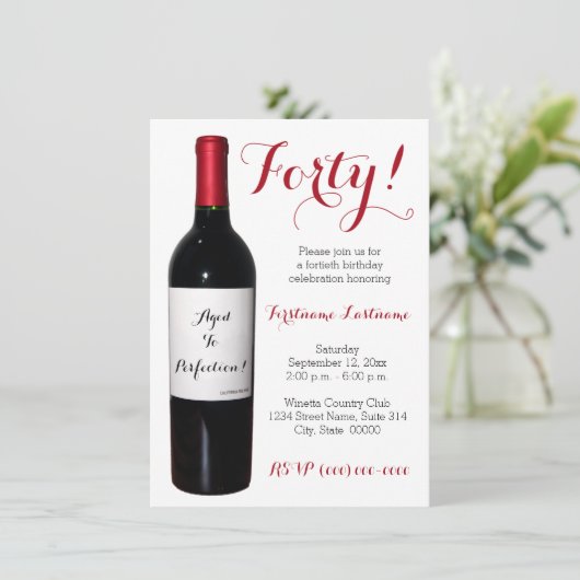 40. Geburtstag Weinflaschen Einladungen (Stehend Vorderseite)