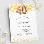 40. Geburtstag weißes Gold Konfetti elegant Einladungspostkarte<br><div class="desc">Für ein elegantes Party zum 40. Geburtstag. Ein schick weißer Hintergrund. Mit goldenen Konfetti dekoriert. Personalisieren und fügen Sie einen Namen und Party-Details hinzu. Der Name wird mit einem handgeschriebenen Stilskript geschrieben. Nummer 40 mit Schriftart im Ballonstil.</div>