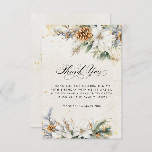 40. Geburtstag Winter Weiße Blumengrün Dankeskarte (Vorne/Hinten)