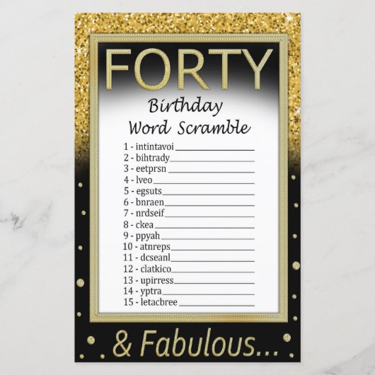 40 Geburtstag Word Scramble Game (Vorderseite)
