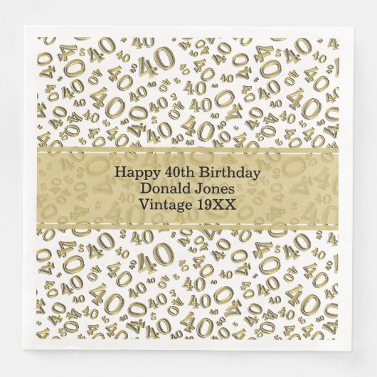 40. Geburtstag Zahlenmuster Gold/Weiß Serviette (Vorderseite)