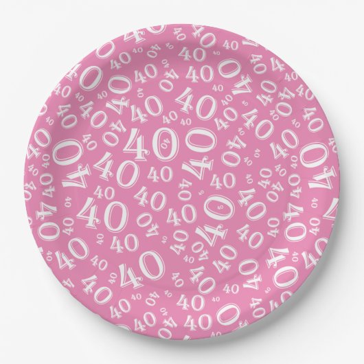 40. Geburtstag Zahlenmuster Rosa/Weiß Pappteller (Vorderseite)