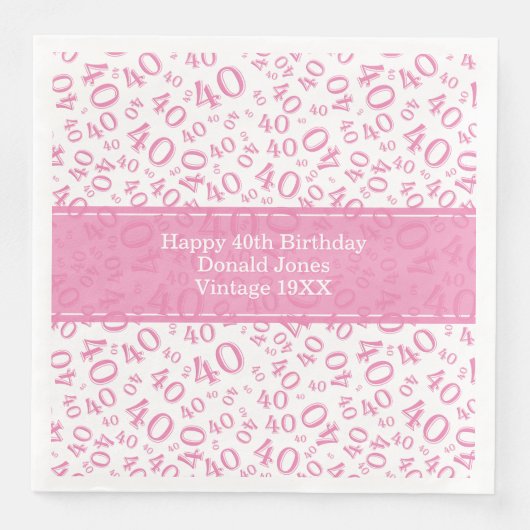 40. Geburtstag Zahlenmuster Rosa/Weiß Serviette (Vorderseite)