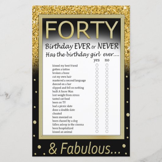 40 Geburtstage je oder nie gespielt (Vorderseite)