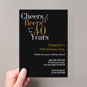 40. Geburtstags Cheers und Beers Party Schwarz Gol Acryleinladungen