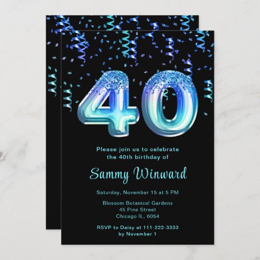 40. Geburtstagsballons mit Confetti Einladung (Vorne/Hinten)