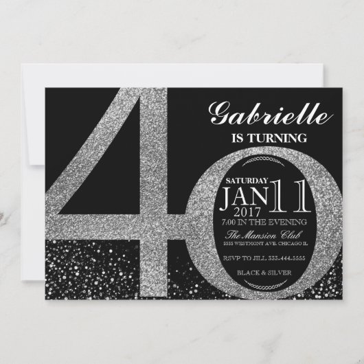 40. Geburtstagseinladung, Schwarz-Silber-Glitzer Einladung (Vorderseite)