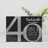40. Geburtstagseinladung, Schwarz-Silber-Glitzer Einladung (Stehend Vorderseite)