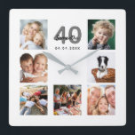 40. Geburtstagsfamilie für Foto-Collage Quadratische Wanduhr<br><div class="desc">Eine Wanduhr als Geschenk für einen 40. Geburtstag für eine Frau,  die ihr Leben mit einer Collage von 7 Ihrer Fotos feiert. Personalisieren und fügen Sie einen Namen,  Alter 40 und ein Datum. Geburtsdatum oder das Datum des Jahrestages. Schwarz-Graue Buchstaben. Ein schick weißer Hintergrund.</div>