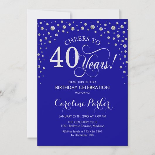 40. Geburtstagsfeier - Silver Royal Blue Einladung (Vorderseite)