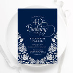 40. Geburtstagsnacht Silber-Rose Einladung<br><div class="desc">Navy silber elegante 40. Geburtstag Party Einladung. Klassisches Design mit Rose,  Imitaten Silberfolie und Typografie Script Schriftart. Die trendige Einladungskarte eignet sich perfekt für eine stilvolle Damenfeier. Personalisieren Sie Ihre persönlichen Daten. Kann für jedes Alter angepasst werden. Gedruckte Zazzle-Einladungen oder Sofortdownload digitaler Druckvorlage.</div>