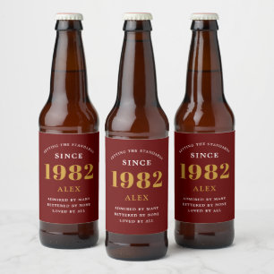 40. Geburtstagsname 1982 Red Gold Elegant Chic Bierflaschenetikett