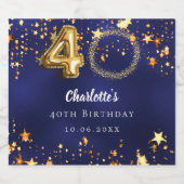 40. Geburtstagsnavy Blue Gold Stars Foto Schaumweinetikett (Einzelnes Label)