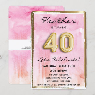 40. Girl Birthday Pink und Gold Einladung