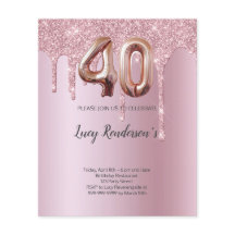 40. Glitzer Goldballon Rose Geburtstagskarte