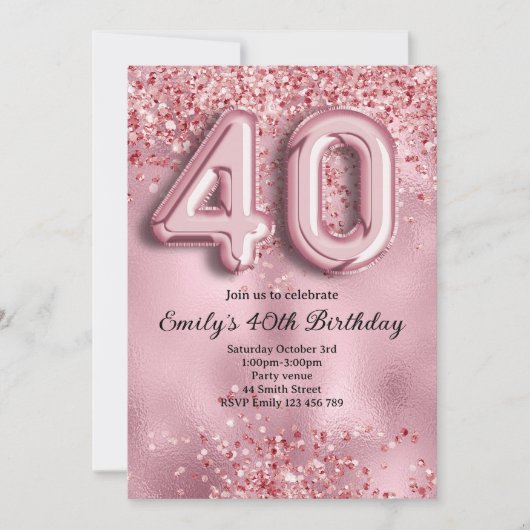 40. Glitzernder Pinker Geburtstag Einladung (Vorderseite)
