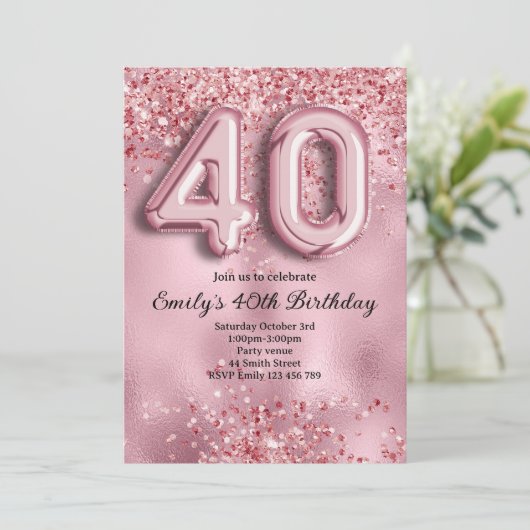 40. Glitzernder Pinker Geburtstag Einladung (Stehend Vorderseite)