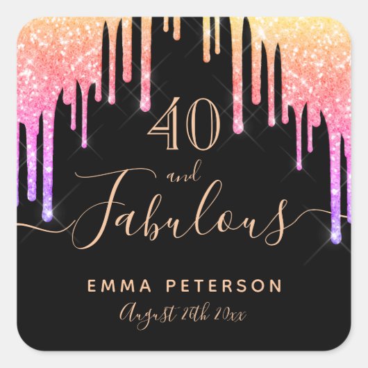 40 großartiger Geburtstag schwarzer Regenbogen-Gli Quadratischer Aufkleber (Vorderseite)