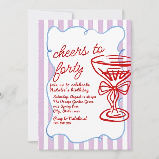 40. Handgezeichneter farbiger Champagner Glass Geb Einladung (Vorderseite)